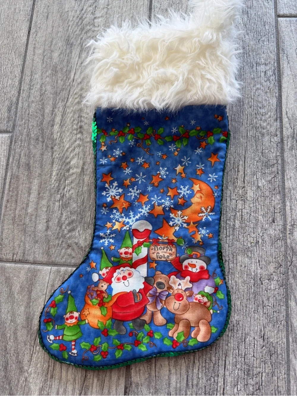Handmade Mini Santa at North Pole Christmas Stocking with White Faux Fur Cuff